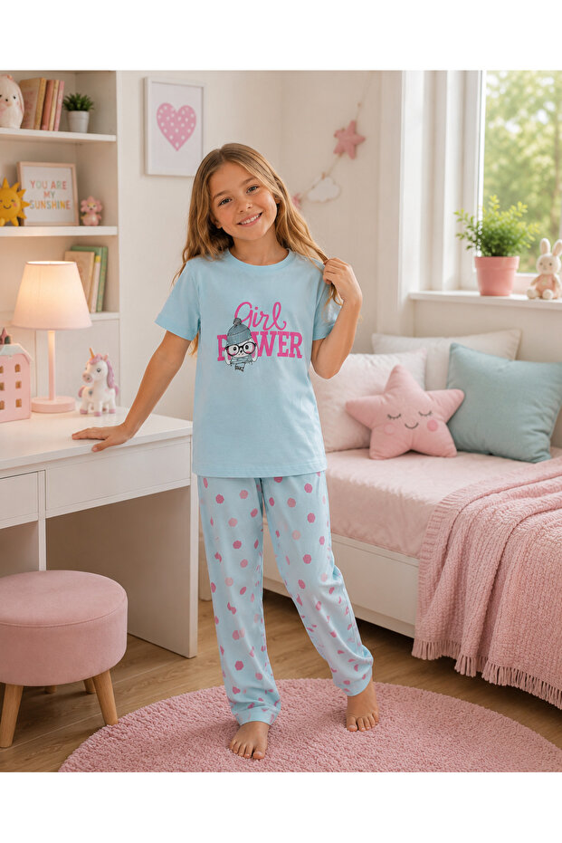 Girl's Short Sleeve, Long Sleeve'Girl Power' Printed Polka Dot Pattern 100% Cotton Pajama Set