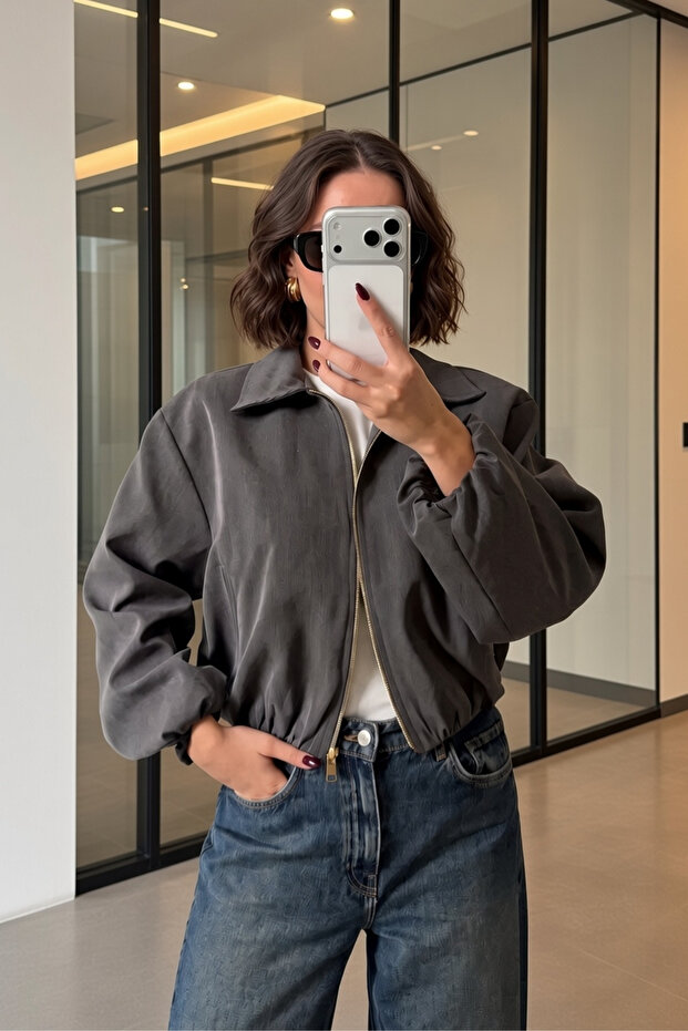 Women's Textured Bomber Zippered Jacket Anthracite