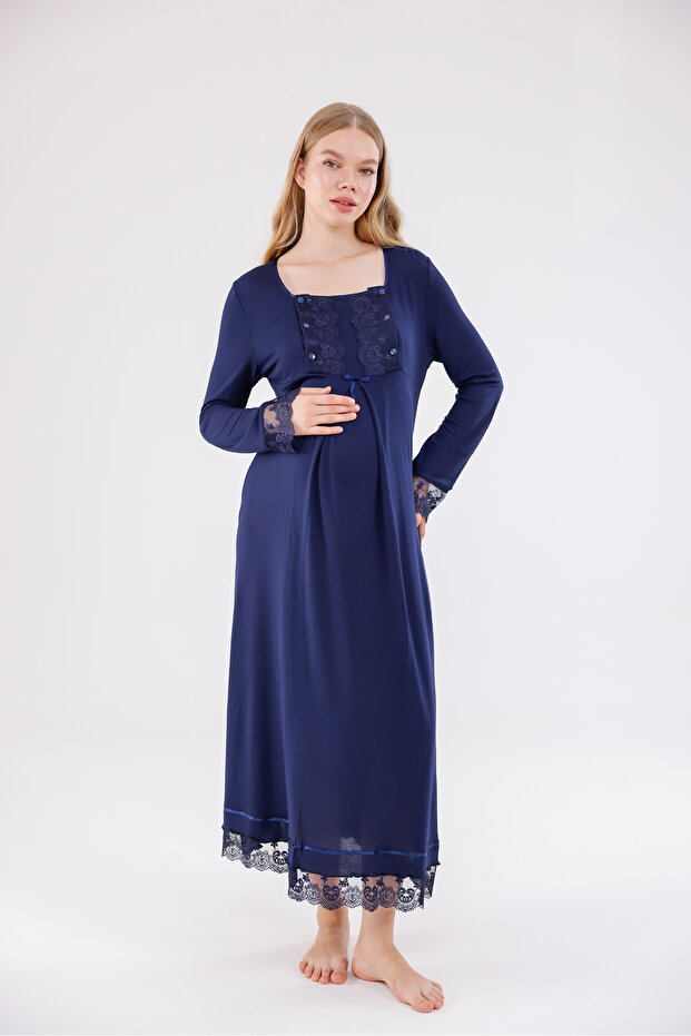Navy Blue Special Lace Detailed Design Cotton Long Sleeve Maternity Nightgown with Nursing Feature