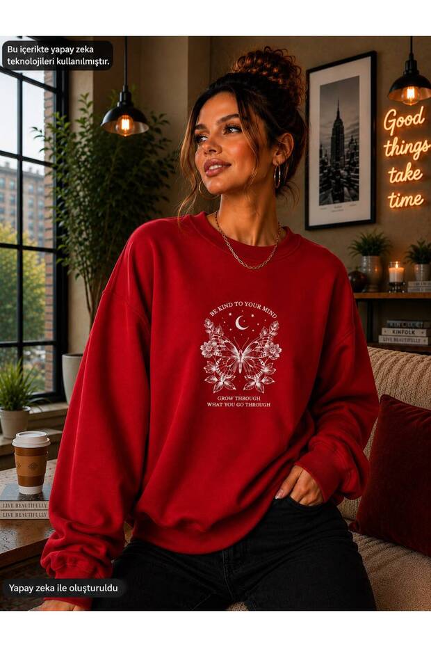 Women's Be Kind Written Butterfly and Flower Graphic Printed Round Crew Neck Casual Cotton Basic Sweathirt