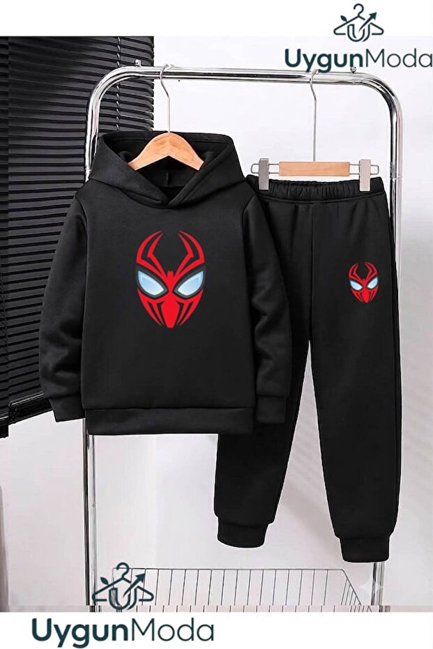 Spider Mask Printed Hooded Thick Cotton Inside Padding Tracksuit with Pockets Children's Top and Bottom Tracksuit Set