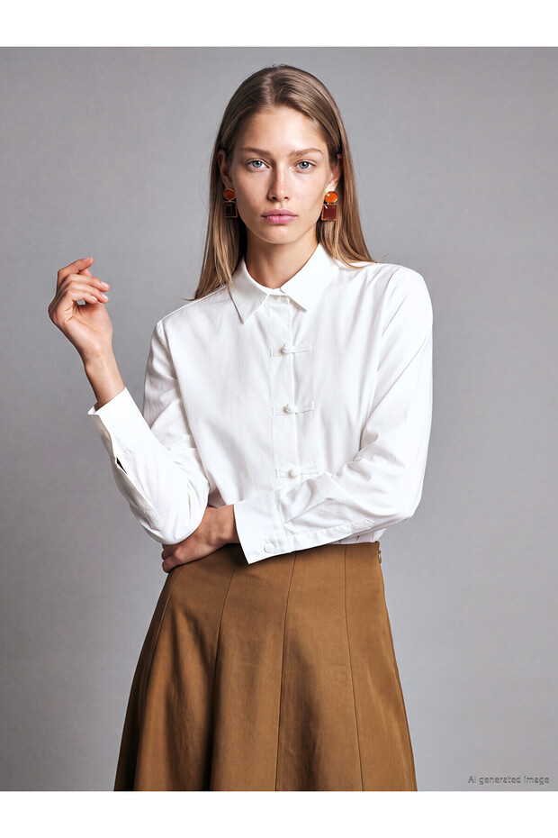Lcw Vision White Embellished Buttoned Poplin Women's Shirt