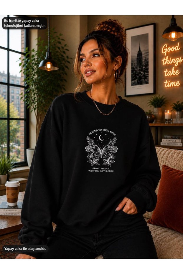 Women's Be Kind Written Butterfly and Flower Graphic Printed Round Crew Neck Casual Cotton Basic Sweathirt