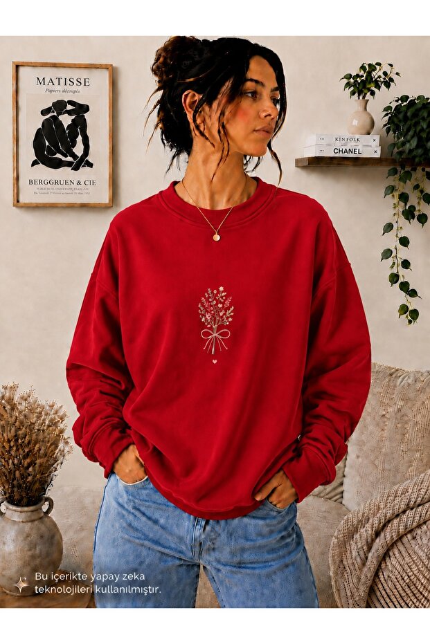Women's Minimalist Floral Bouquet Printed Round Crew Neck Casual Cotton Basic Sweathirt