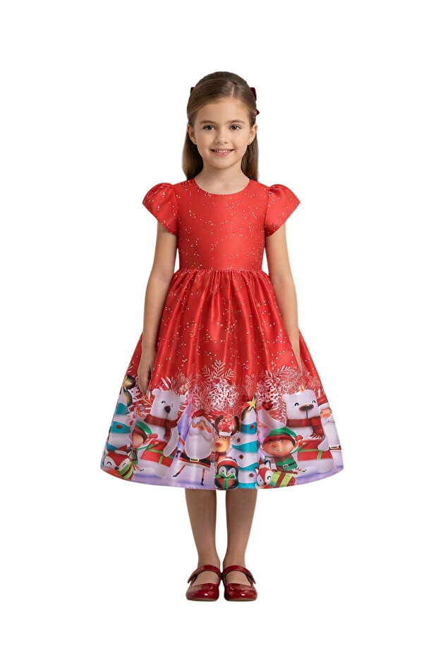 D'Daniela - Christmas Party Dress long with Short Sleeves - Red & Green - 4Y to 13Y