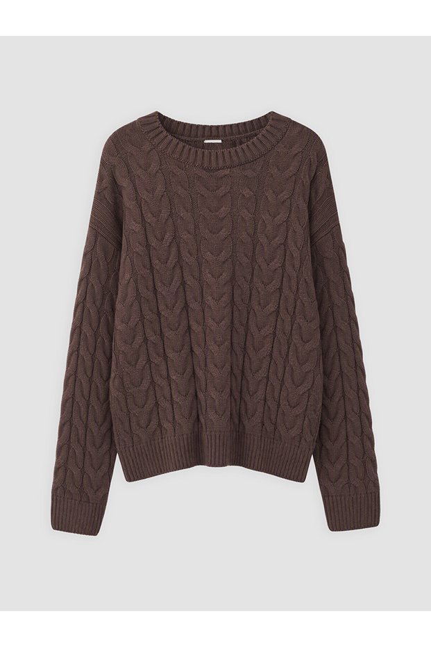 Two Mt Shop Quality Lcw Kids Brown Oval Collar Braided Girls' Knitwear Sweater