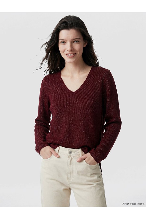 Ozmarka New Season V-Neck Shiny Textured Women's Knitwear Sweater