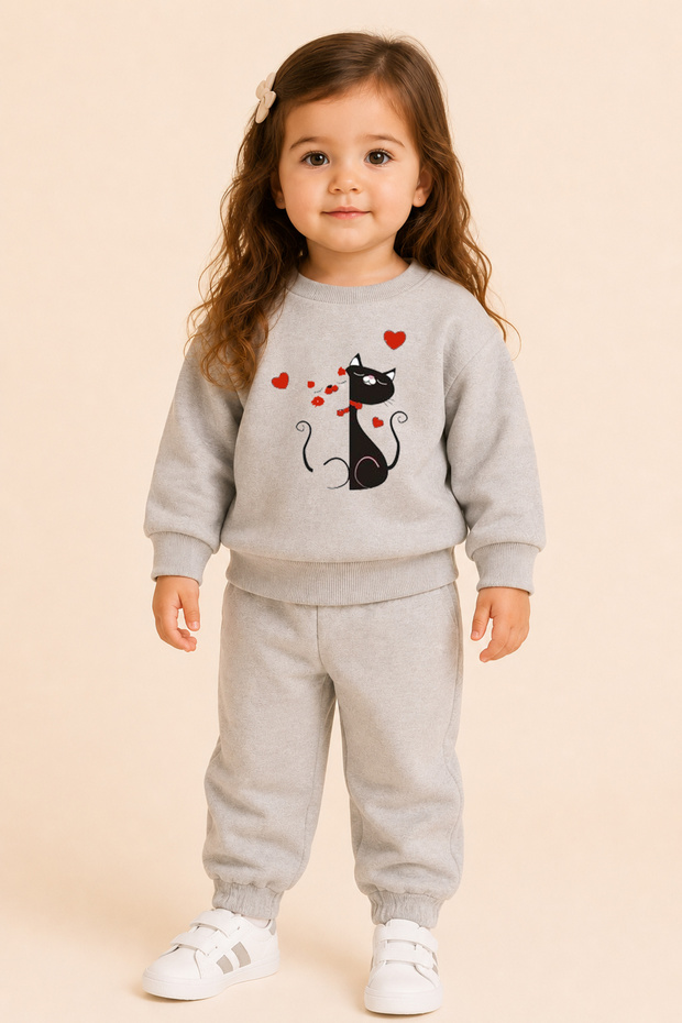 Girl's Top and Bottom Set (Without Tassels) Double Cat Print Gray 100% Cotton