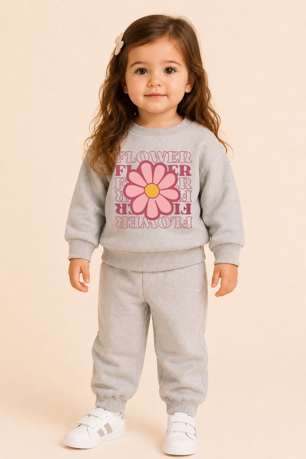 Girl's Top and Bottom Set (Without Tassels) Flower Gray 100% Cotton