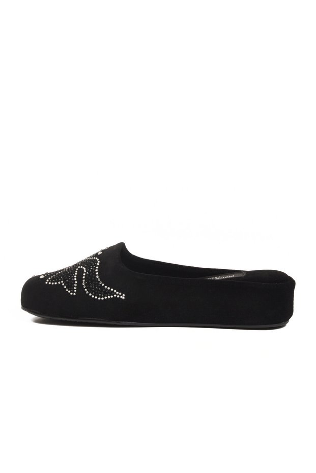 Black Velvet Detailed Soft and Comfortable Women's House Slippers