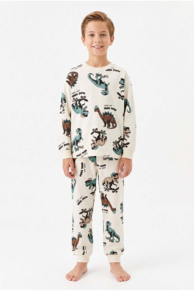 Boy's Long Sleeve Pajama Set 100% Cotton Ecru Dynamic Dinosaur Pattern Combed Cotton