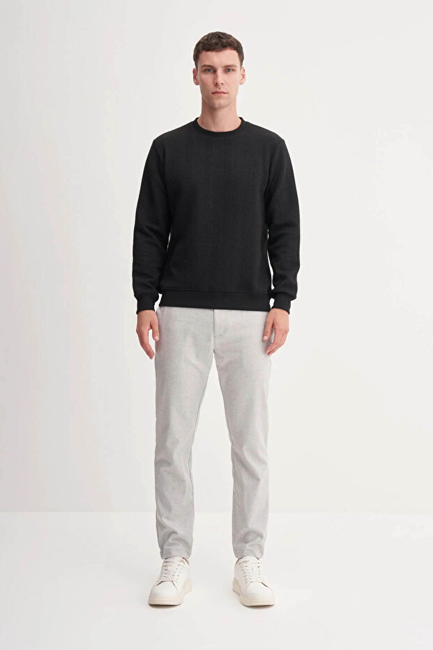 Herringbone Patterned Quilted Jacquard Regular Fit Black Men's Sweatshirt 53395