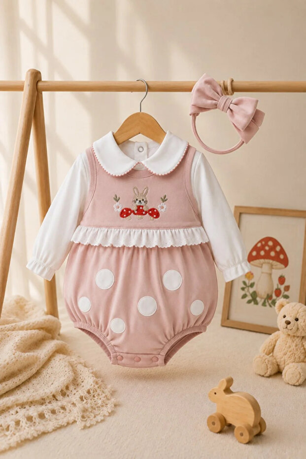 Rabbit Embroidered Bandana Cotton Baby Girl Romper Bodysuit