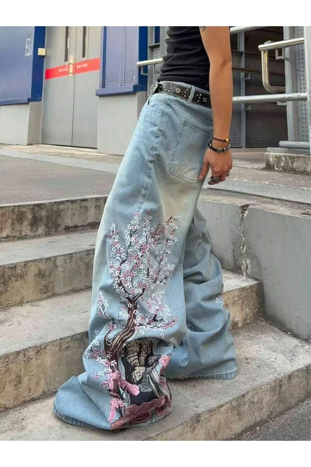 Unisex Wide Leg Oversize Ronin Samurai Embroidered Baggy Trousers