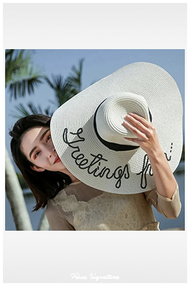 Written Straw Floppy Beach Hat for Women (56-58 cm)