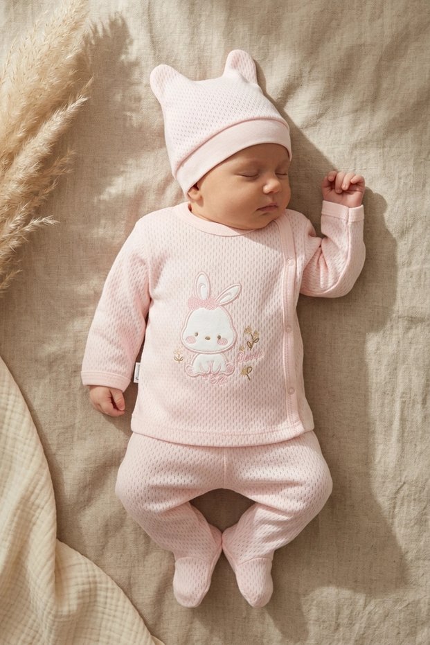 Mellow Bunny Cotton Textured 3-Piece Baby Set - Salmon Perforated Knit Bodysuit, Booties and Hat Set