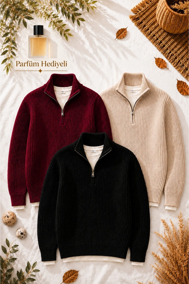 Men's 3-Piece Thessaloniki Knitted Half-Zip Knitwear Sweater + 100 ml Perfume Winter Thick Textured Stand Collar Premium Set
