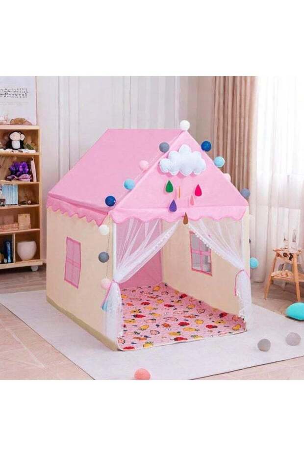 Princess Pink Kids Play Tent with Spacious House Design, Soft Curtain Entrance, Decorative Fairy Lights, Colorful Ball Garland and Canopy Roof, Indoor Pretend Playhouse for Girls, Toddlers, Bedrooms a