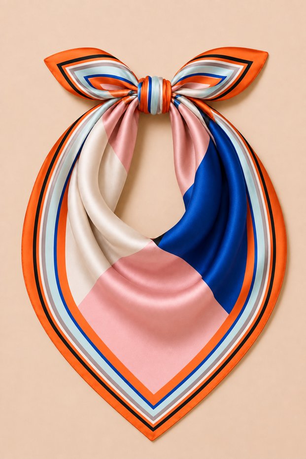 Women's Geometric Color-Blocked 50X50 cm Satin Scarf, Orange Edged Silky Textured Square Neck Hair and Bag Accessory