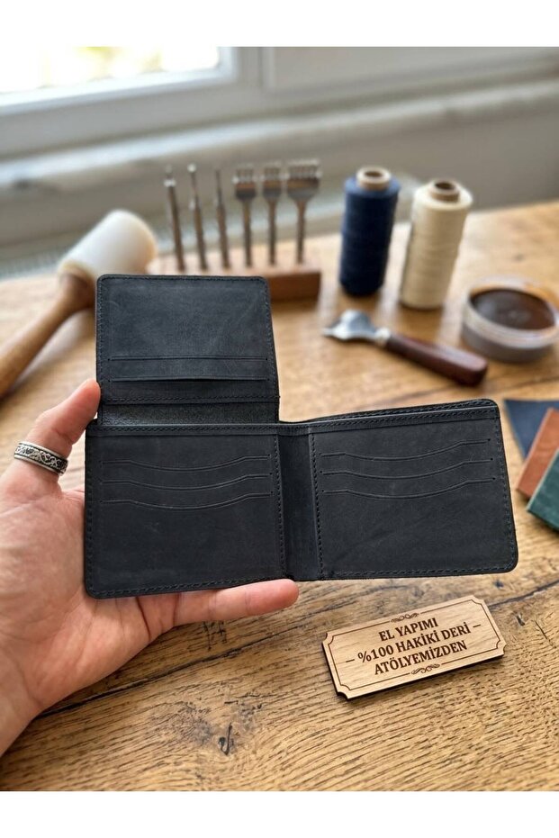 - 100% Genuine Leather Handmade Black Wallet Long-Lasting