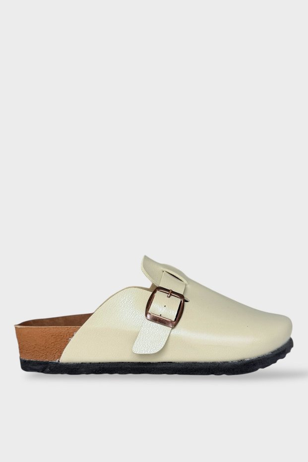 Men's Buckle Detailed Cork Anatomical Sole Slippers Cream