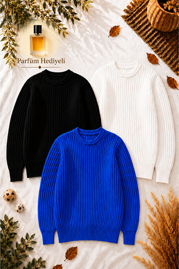 Men's 3-Piece Premium Ribbed Knitwear Sweater + 100 ml Perfume Crew Neck Slim Fit Winter Set