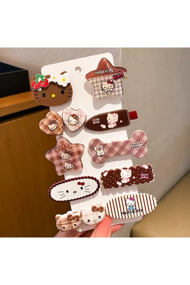 Cute Cat Hello Kittyyy Coffee White Patterned 10 Pieces Hair Clips Women Teen Girls Children Baby Hair Clips 3-4.5 cm