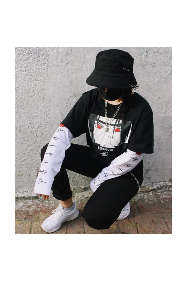 Anime Naruto Uchiha Symbol Detail White Long Sleeve Tshirt