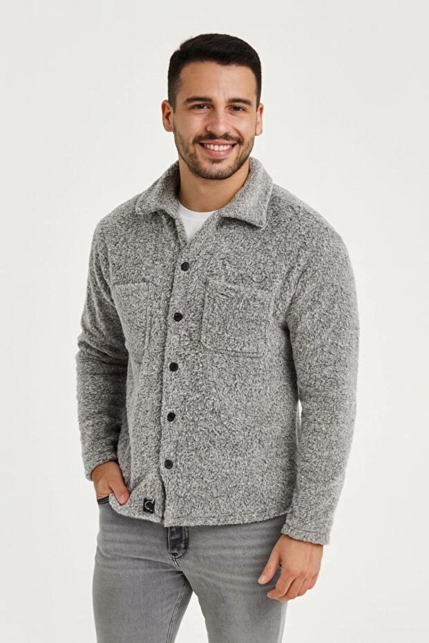 Men's Gray Plush Fabric Thick Fleece Shirt Collar Buttoned Pocketed Soft Textured Jacket Warm