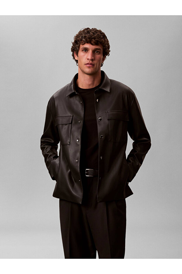 Men's Regular Fit Ls Faux Leather Jacket Coat Black Lv04Re404G