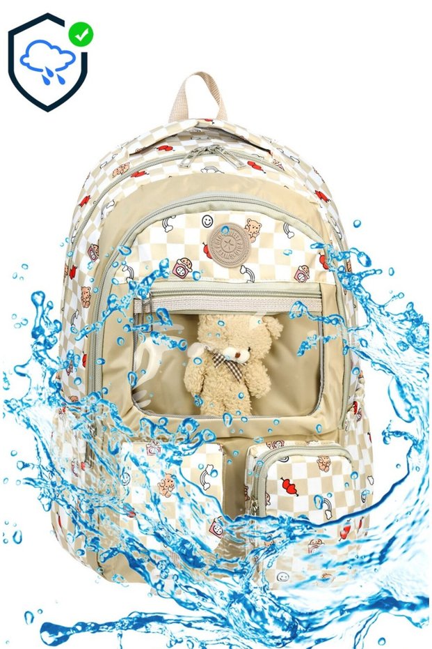 Checkerboard Patterned Kindergarten and Primary School Backpack with Transparent Front Pocket and Teddy Bear Toy
