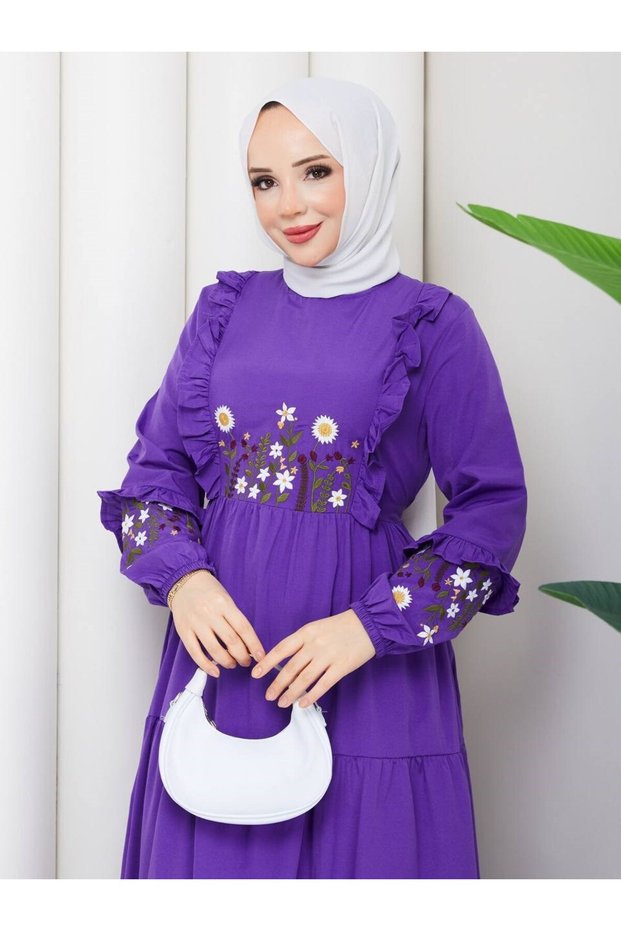 Embroidery Detailed Asel Hijab Dress Purple