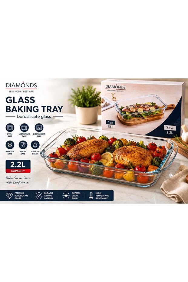 DiamondSmile 2.2L Borosilicate Glass Rectangular Baking Tray, Oven & Microwave Safe