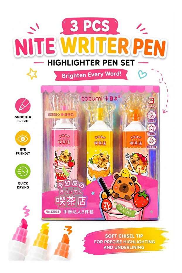 Highlighter Pen Set, Pink Yellow Orange Chisel Tip Markers 3 Pcs