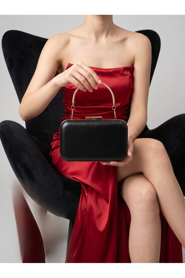 Black Matte Leather with Gold Metal Detail Handle and Chain Strap Women's Evening Dress Bag Wedding Engagement Graduation