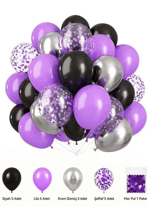 Black Lilac Chrome Silver Transparent Balloon Set 18 Pieces + Purple Sequins 1 Pack Birthday Party Decoration Organization Decoration