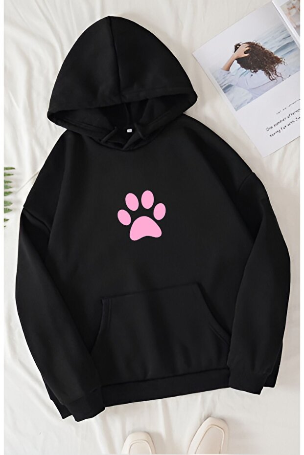 3 Thread Unisex Pink Paw Print Printed Hooded Oversized Sweatshirt Hoodie