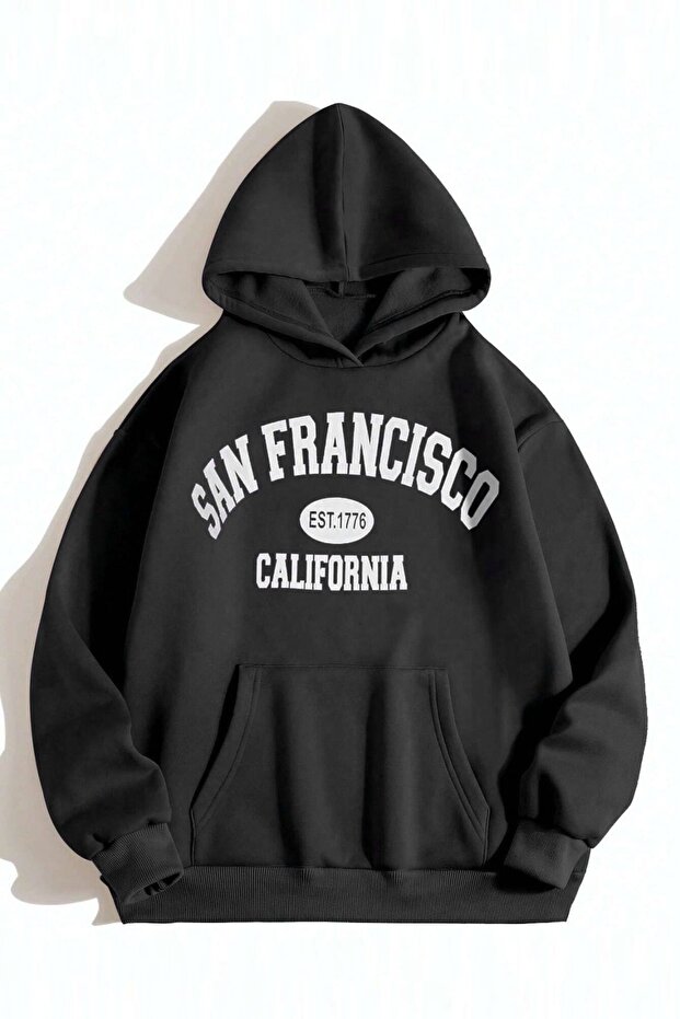 San Francisco Thick Winter Sweatshirt - Black Printed Oversized Hoodie