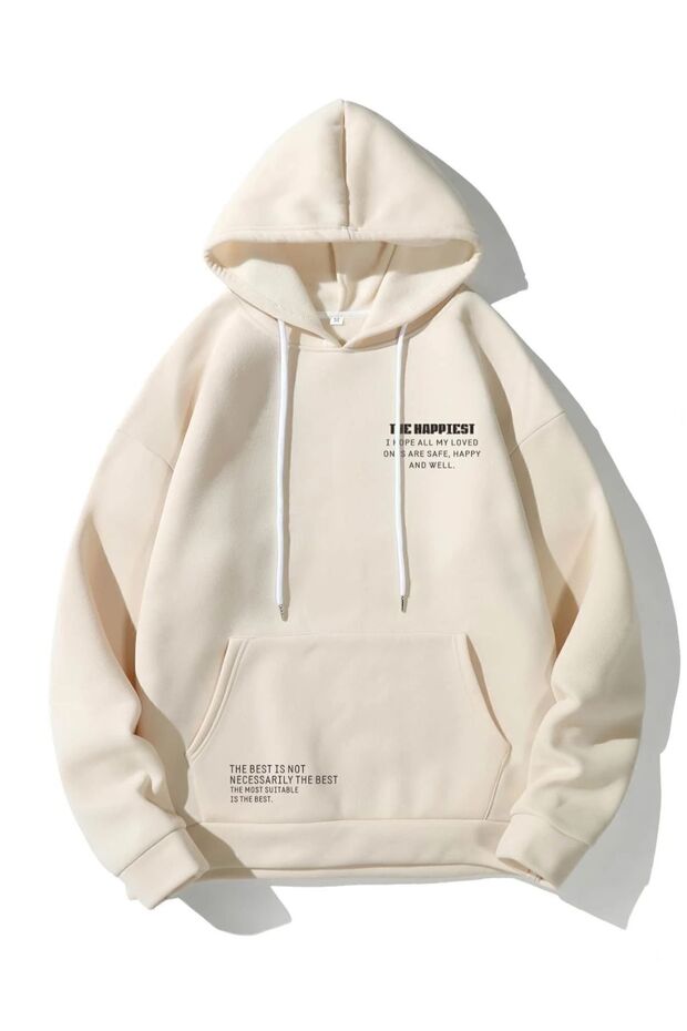3 İplik the Happiest Thick Winter Sweatshirt - Beige Printed Oversize Hoodie with Pockets