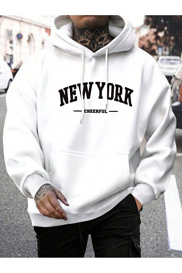 3 İplik New York Cheerful Thick Winter Sweatshirt - White Printed Oversize Hoodie with Raised Pockets