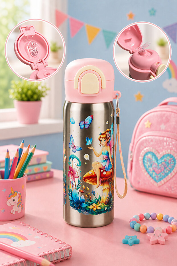 Stainless Steel Body Water Bottle & Flask 600 ml Dual Use with & Without Straw