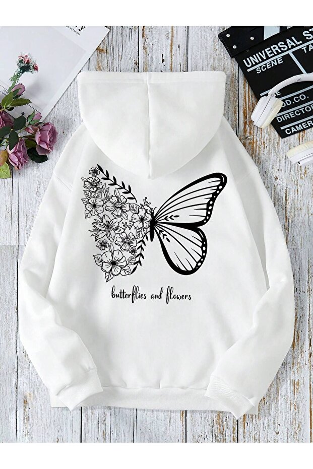 3 Thread Butterflies and Flowers Thick Winter Sweatshirt - White Printed Oversize Hoodie with Pockets