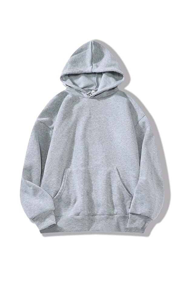 3 Yarns Unprinted Thick Winter Sweatshirt - Gray Oversize Hooded Hoodie