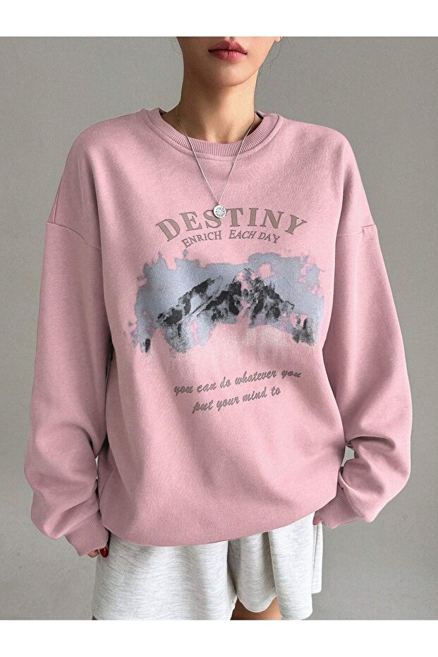 Destiny Enrich Winter Thick Sweatshirt - Dusty Pink Printed Oversized Crew Neck