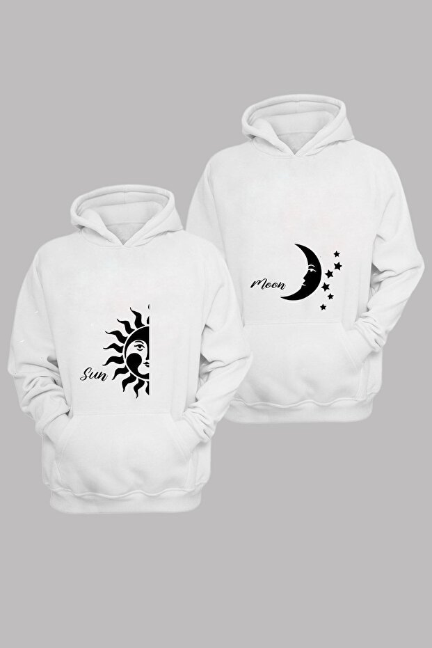 سترة رياضية من قطعتين Sun Moon Sevgili - سترة بقلنسوة بيضاء مطبوعة كبيرة الحجم