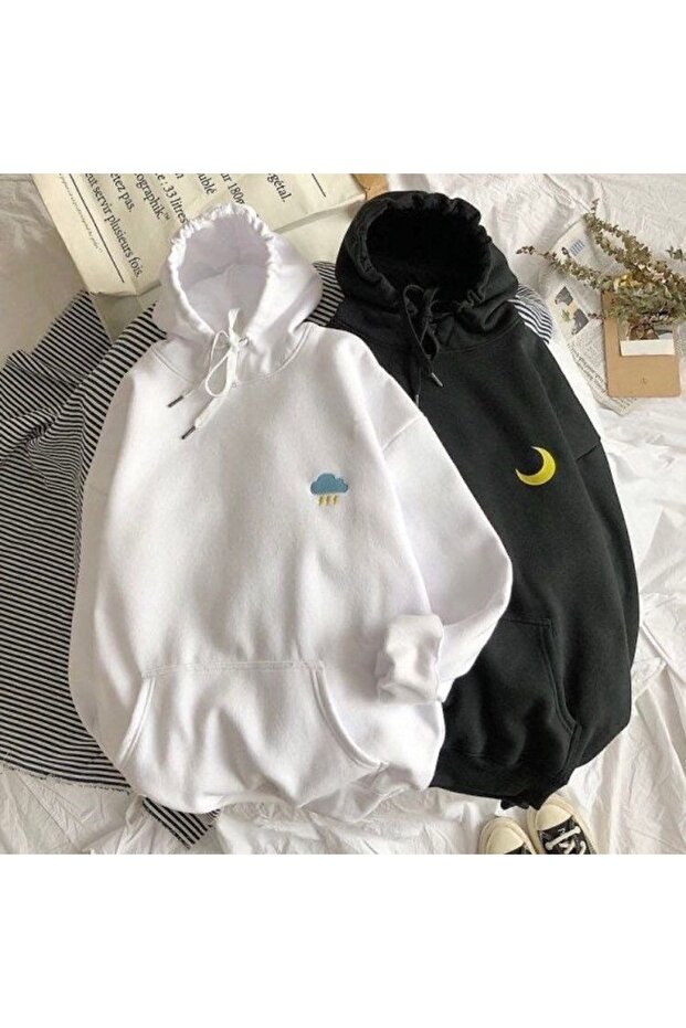 2-Piece Bulut Ay Lover Combination Sweatshirt - White Black Printed Oversize Hooded Sweatshirt