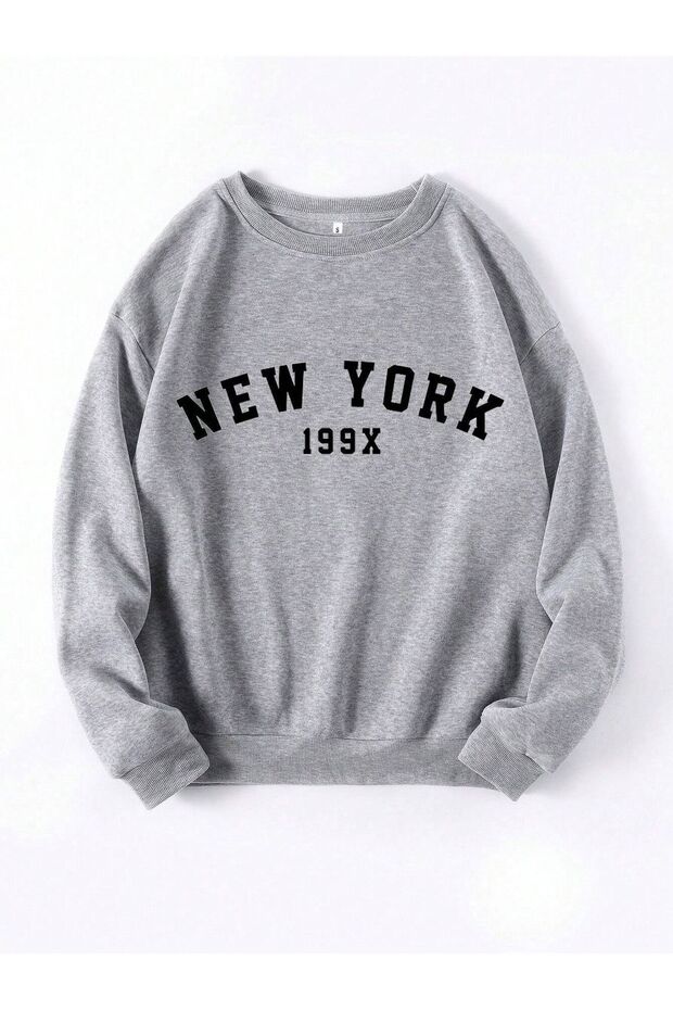 New York 199X Thick Winter Sweatshirt - Gray Printed Oversized Crew Neck