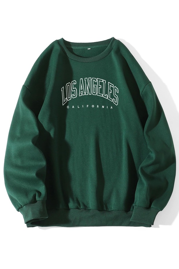 3 Thread Los Angeles California Thick Winter Sweatshirt - Nefti Green Printed Oversize Crew Neck