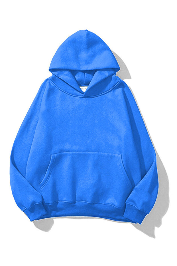 Basic Plain Sweatshirt - Sax Blue Oversize Hooded Sweatshirt