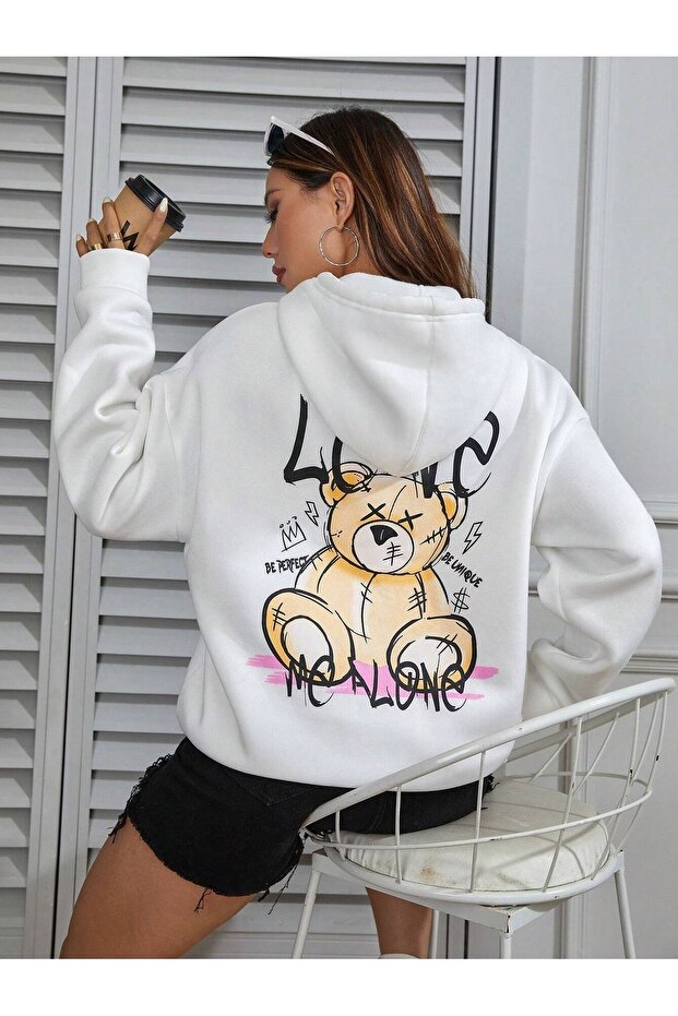 3 İplik Love Bear Winter Thick Sweatshirt - White Printed Oversize Hooded Hoodie
